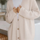 Cozy knit button-front cardigan in beige/cream with V-neck and long sleeves