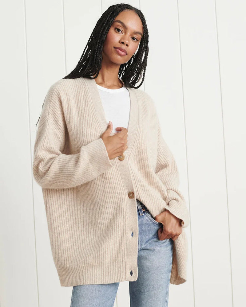 Cozy knit button-front cardigan in beige/cream with V-neck and long sleeves