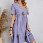 Lavender V-neck short-sleeve tiered midi dress with flared ruffle hem