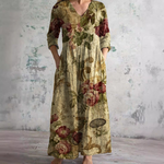 Floral long dress in olive with V-neck and three-quarter sleeves, gathered waist