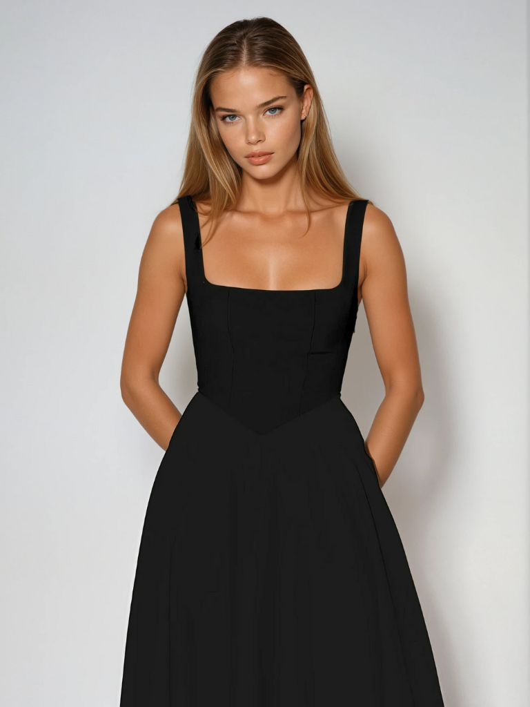 Black square-neck sleeveless midi dress with fitted waist and full flared skirt