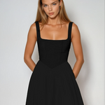 Black square-neck sleeveless midi dress with fitted waist and full flared skirt