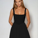Black square-neck sleeveless midi dress with fitted waist and full flared skirt