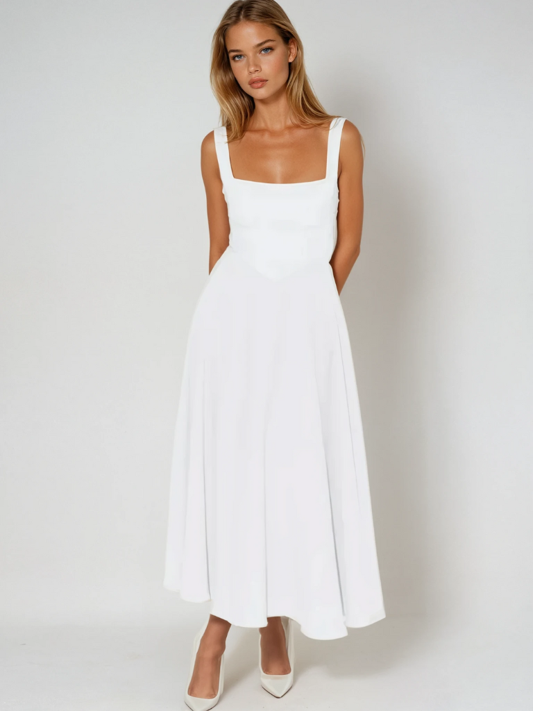 White midi dress, sleeveless square neckline, fitted bodice, flared skirt