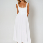 White midi dress, sleeveless square neckline, fitted bodice, flared skirt
