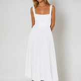 White midi dress, sleeveless square neckline, fitted bodice, flared skirt