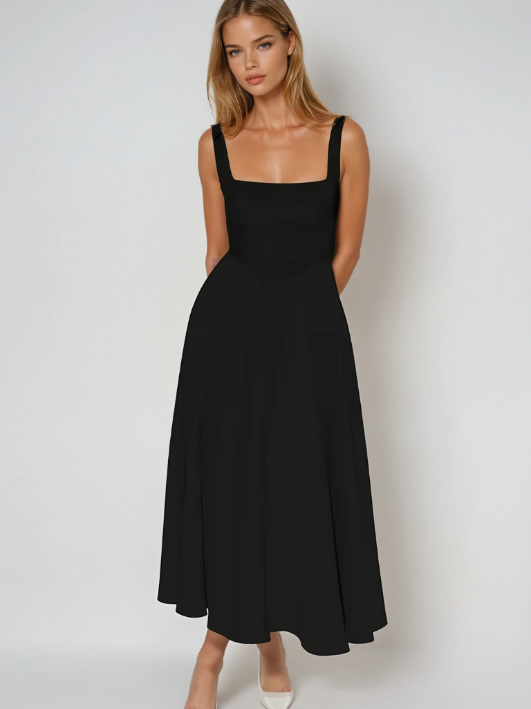 Black square-neck sleeveless midi dress with fitted bodice and flared, swishy skirt