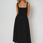 Black square-neck sleeveless midi dress with fitted bodice and flared, swishy skirt