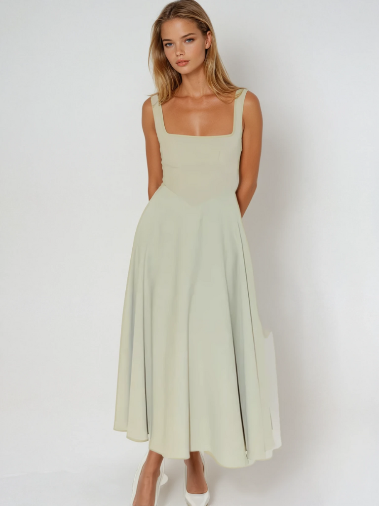 Sage green square-neck sleeveless midi dress with fitted bodice and flared skirt