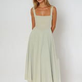 Sage green square-neck sleeveless midi dress with fitted bodice and flared skirt