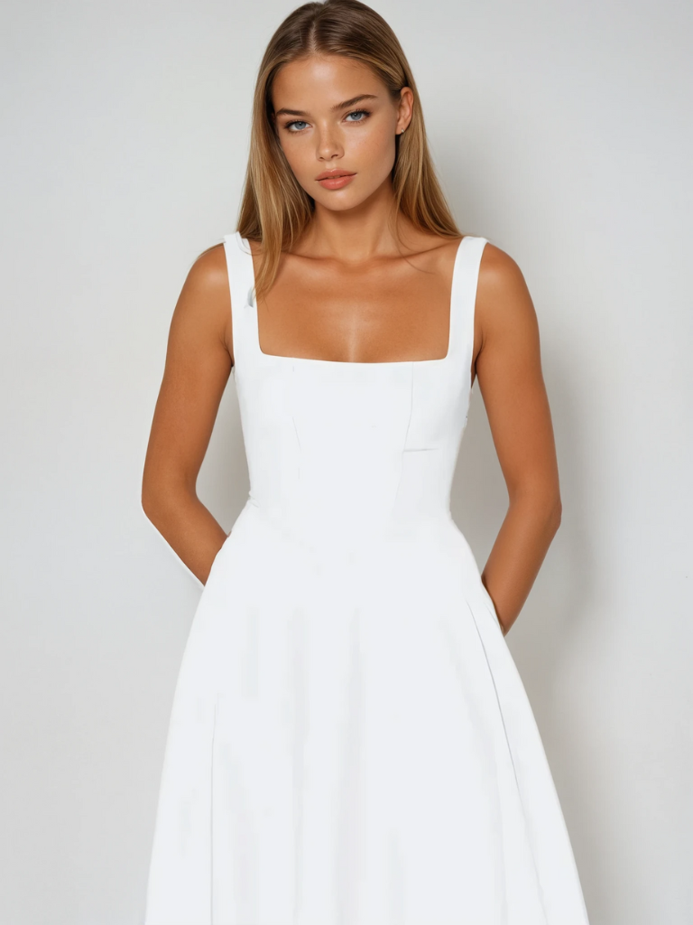 White midi dress bodice detail, sleeveless square neckline, structured waist seam