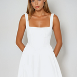 White midi dress bodice detail, sleeveless square neckline, structured waist seam
