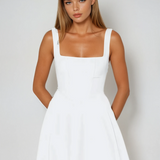 White midi dress bodice detail, sleeveless square neckline, structured waist seam