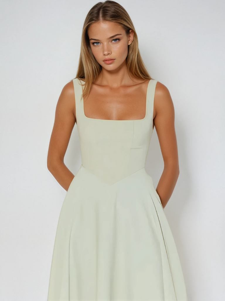 Sage green square-neck sleeveless midi dress with smooth fitted bodice and skirt flare