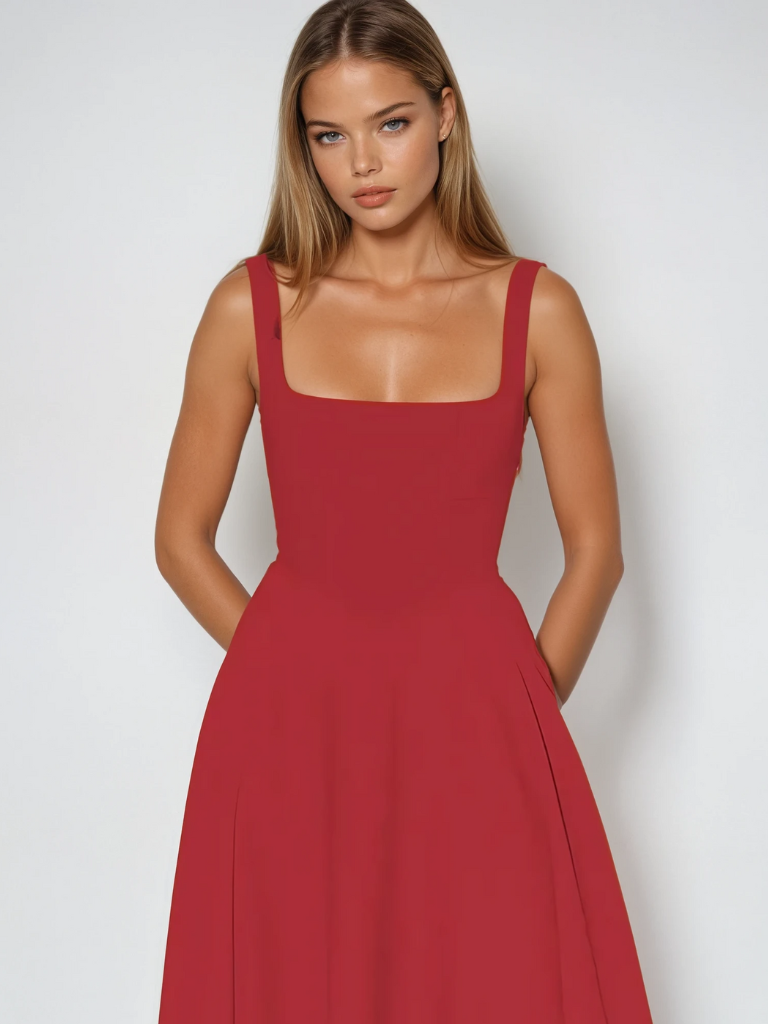 Red midi dress close-up, sleeveless square neckline, fitted bodice, seam detail