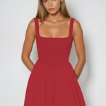 Red midi dress close-up, sleeveless square neckline, fitted bodice, seam detail