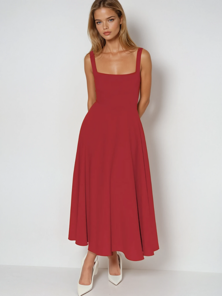 Red midi dress, sleeveless square neckline, fitted waist, flared skirt