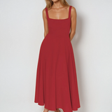 Red midi dress, sleeveless square neckline, fitted waist, flared skirt