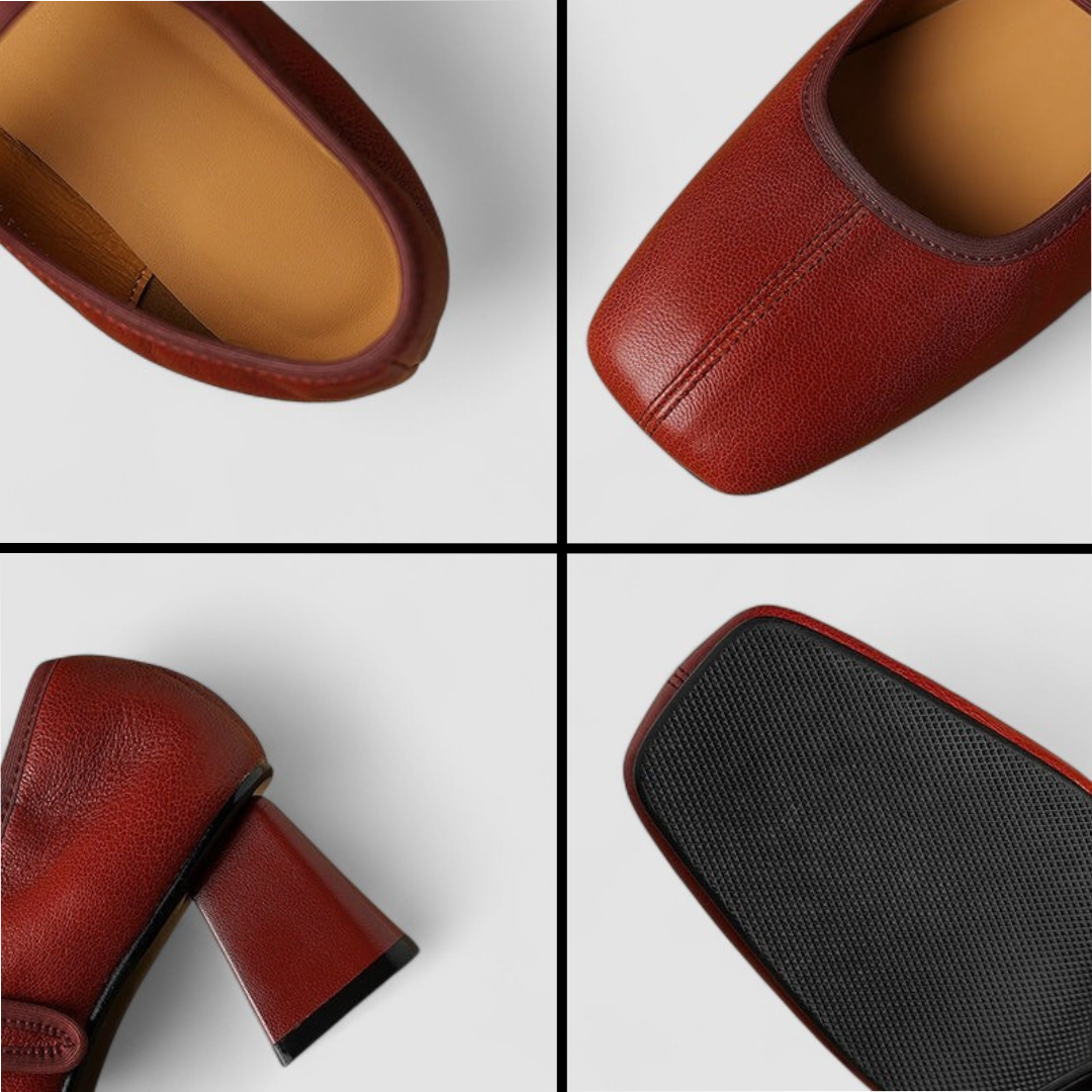 Close-up of red Mary Jane upper and black outsole texture