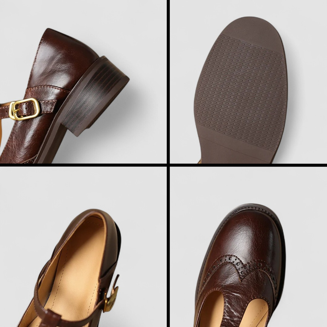 Brown Mary Jane shoe closeups: buckle strap, curved sole, and outsole tread