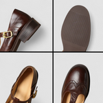 Brown Mary Jane shoe closeups: buckle strap, curved sole, and outsole tread