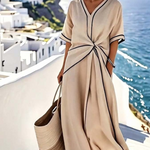 Beige loose midi dress, V-neck, short sleeves, tie-front waist