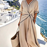 Beige loose midi dress, V-neck, short sleeves, tie-front waist