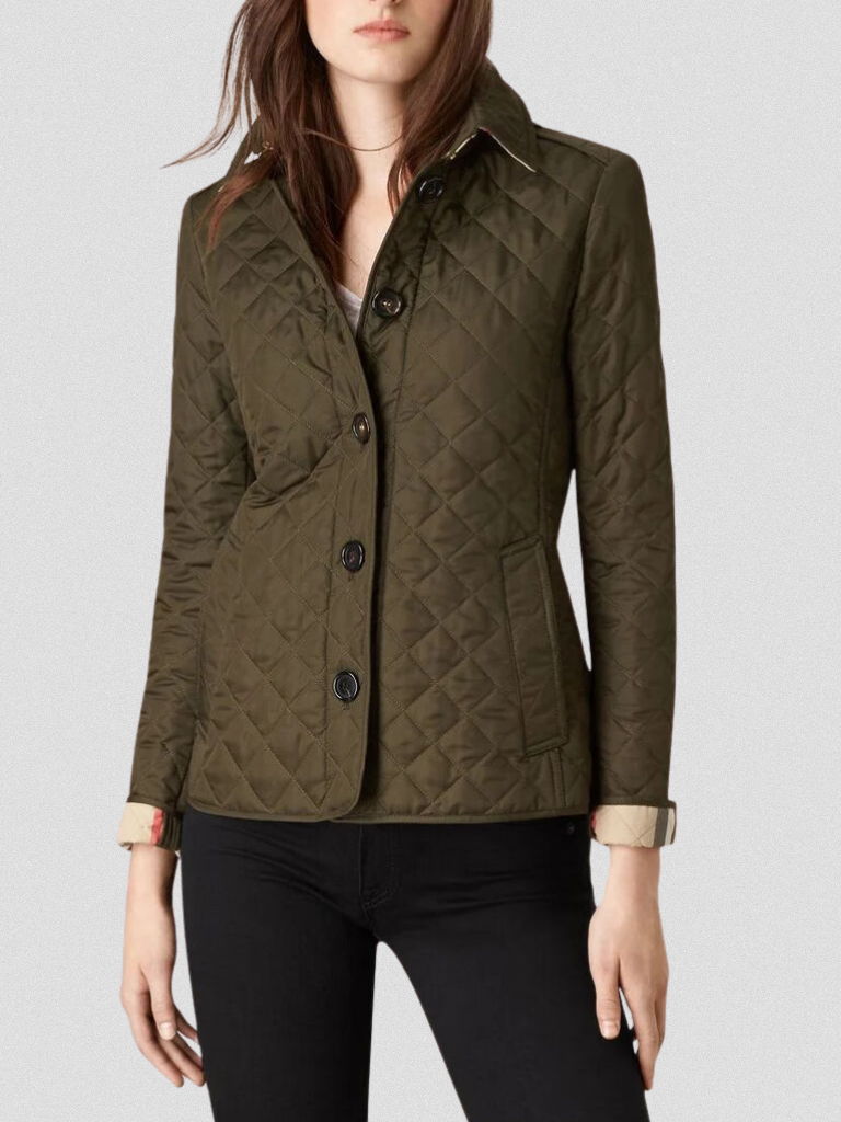 Olive green quilted fall jacket with button front and stand collar