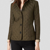 Olive green quilted fall jacket with button front and stand collar