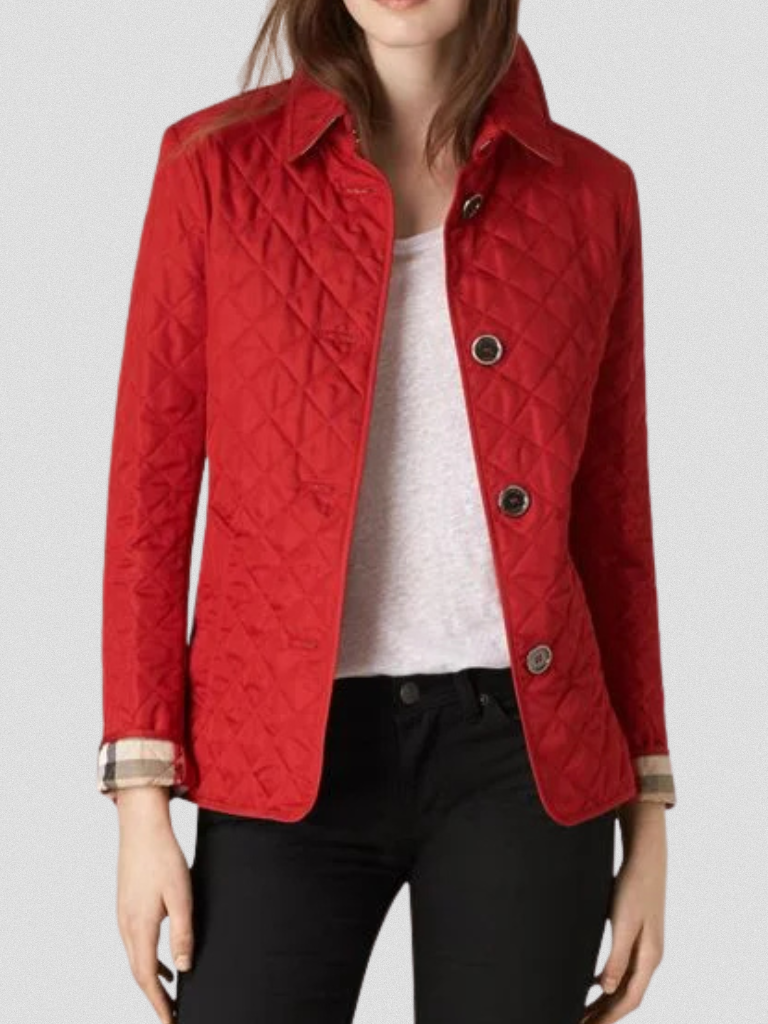 Red quilted jacket with stand collar, diamond quilting, button front, long sleeves
