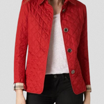 Red quilted jacket with stand collar, diamond quilting, button front, long sleeves