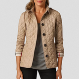 Beige quilted fall jacket with button front and stand collar