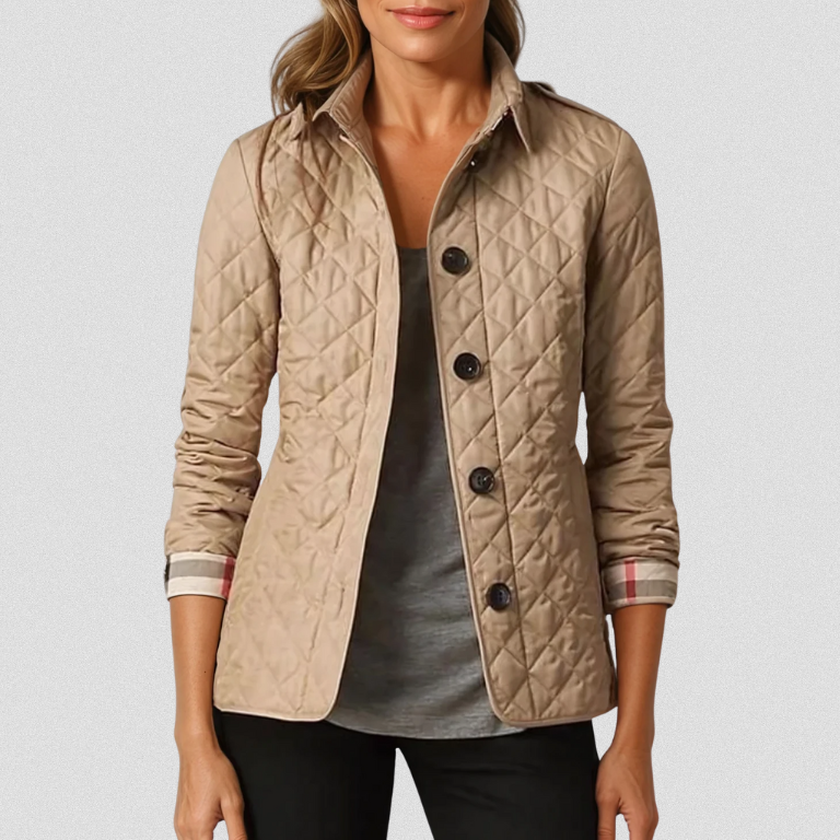 Beige quilted fall jacket with button front and stand collar