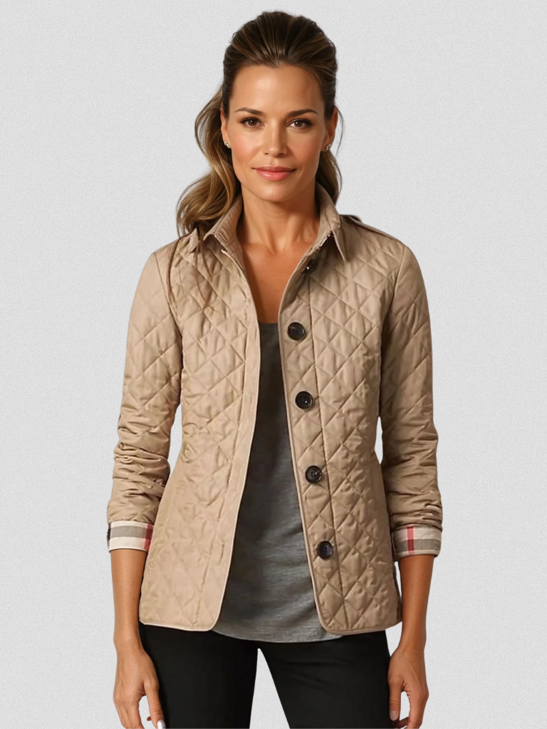 Beige quilted fall jacket, long sleeves, button placket and stand collar