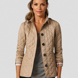 Beige quilted fall jacket, long sleeves, button placket and stand collar