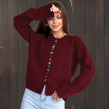 Wine red button-front cardigan with multicolor round buttons and long sleeves