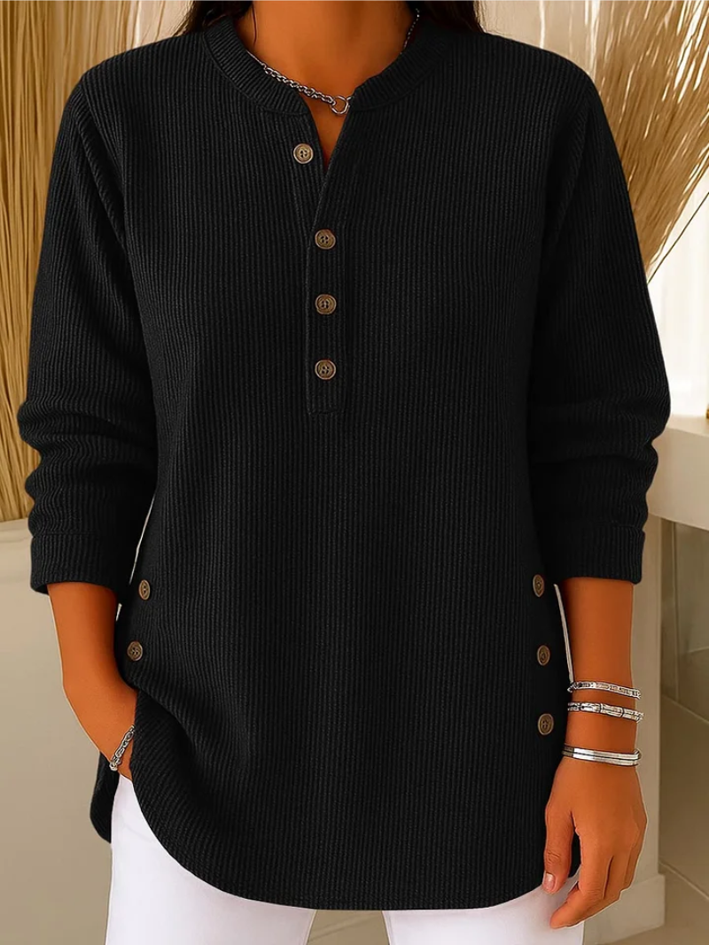 Black ribbed knit pullover with button-front placket and round neckline.