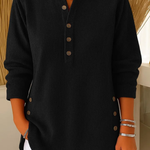 Black ribbed knit pullover with button-front placket and round neckline.