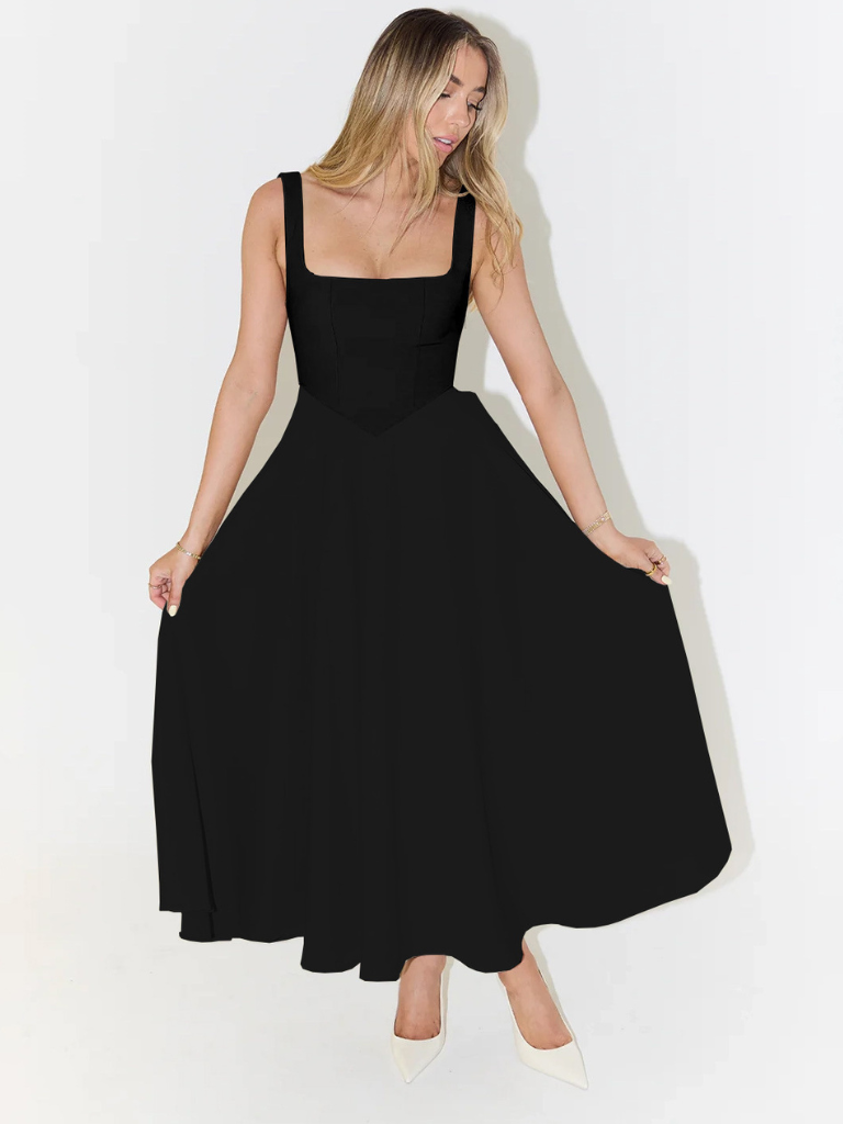 Black square-neck sleeveless midi dress with gathered waist seam and flowing skirt flare
