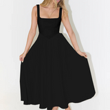 Black square-neck sleeveless midi dress with gathered waist seam and flowing skirt flare