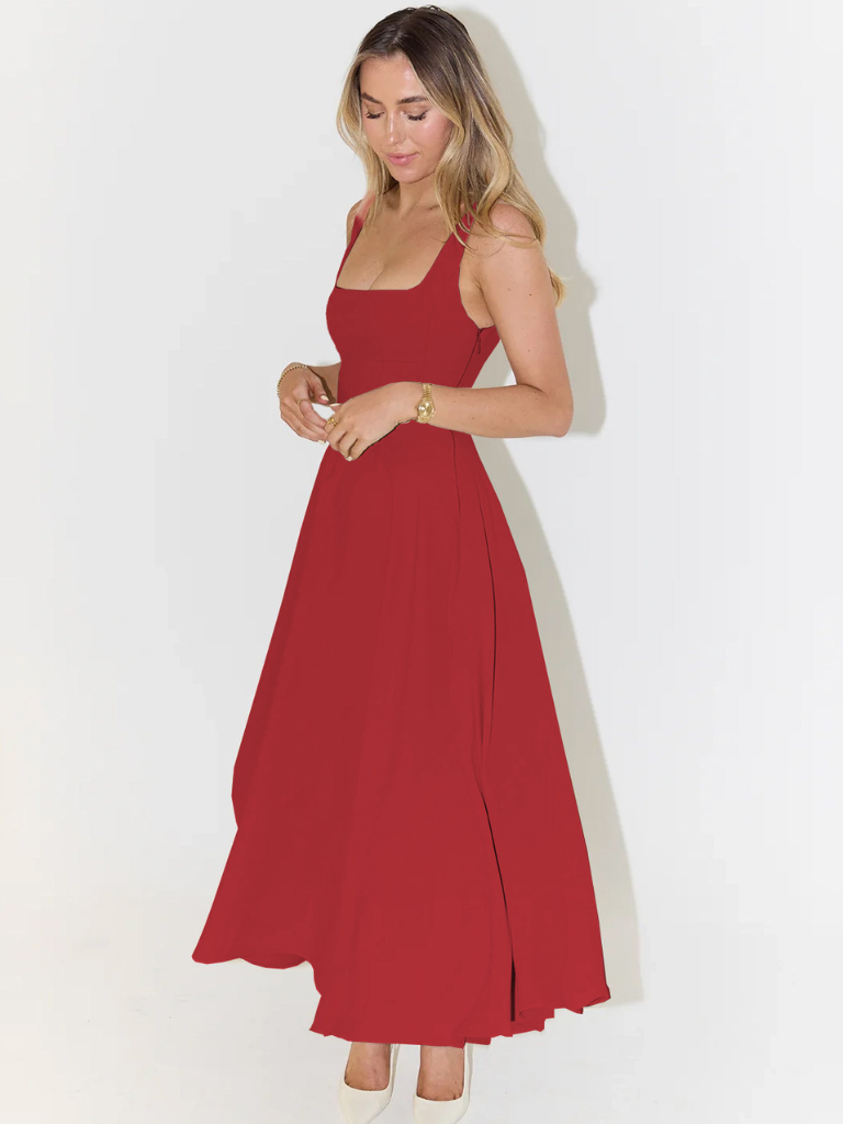 Sleeveless square-neck red midi dress with flared skirt and side-pleated look