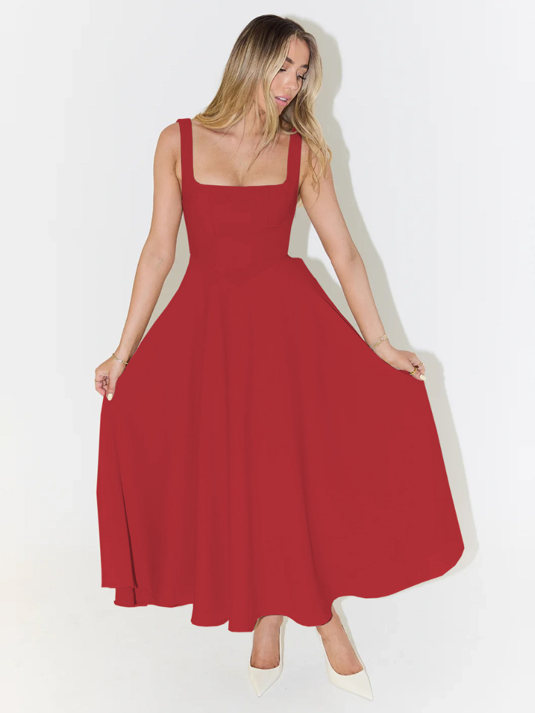 Sleeveless square-neck red midi dress with flared skirt and A-line fit