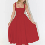 Sleeveless square-neck red midi dress with flared skirt and A-line fit