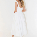 Sleeveless square-neck white midi dress with flared skirt and open back