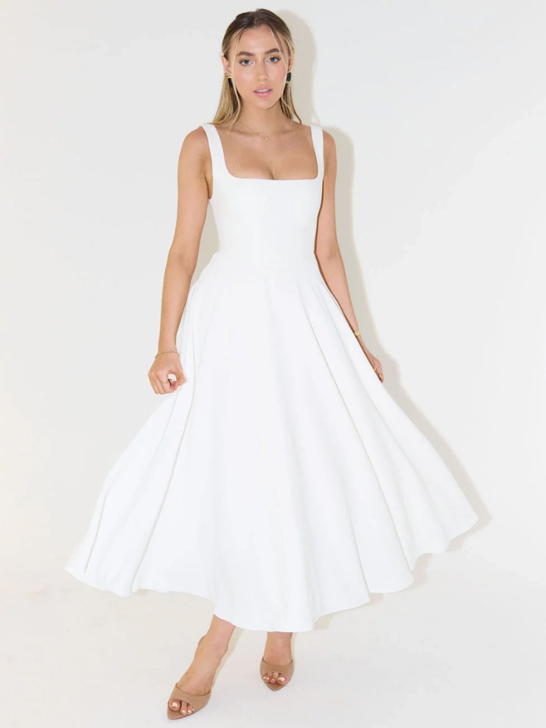 White midi dress front view, sleeveless square neckline, swing skirt, midi length