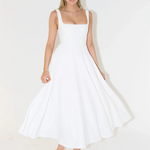 White midi dress front view, sleeveless square neckline, swing skirt, midi length