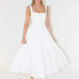 White midi dress front view, sleeveless square neckline, swing skirt, midi length
