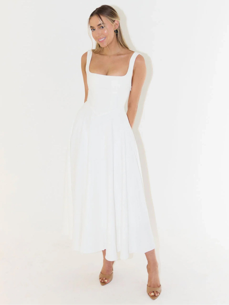 White midi dress, sleeveless square neckline, fitted waist, full flared skirt