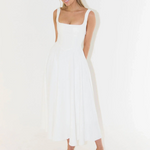 White midi dress, sleeveless square neckline, fitted waist, full flared skirt