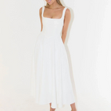 White midi dress, sleeveless square neckline, fitted waist, full flared skirt